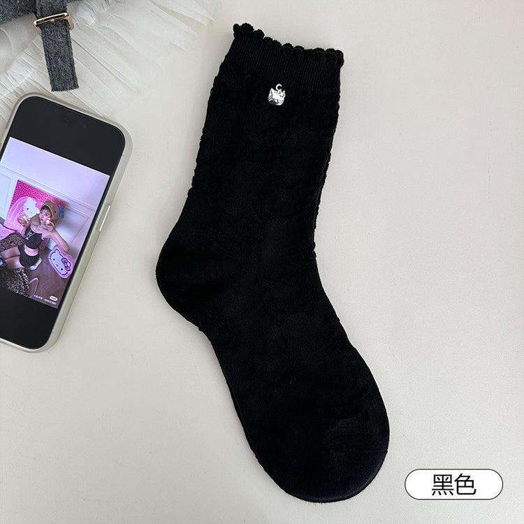 女襪|花邊襪子女暗紋貓咪萌趣好搭彈力中筒襪金屬標吸汗透氣襪子「D2536」25.10-2