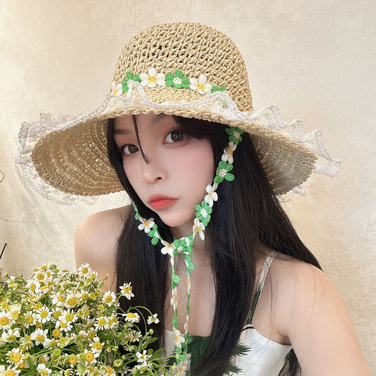 流行帽子|法式鏤空草帽女夏季編織花朵漁夫帽氣質海邊大帽檐可折疊防曬帽子「C5026」25.02-3