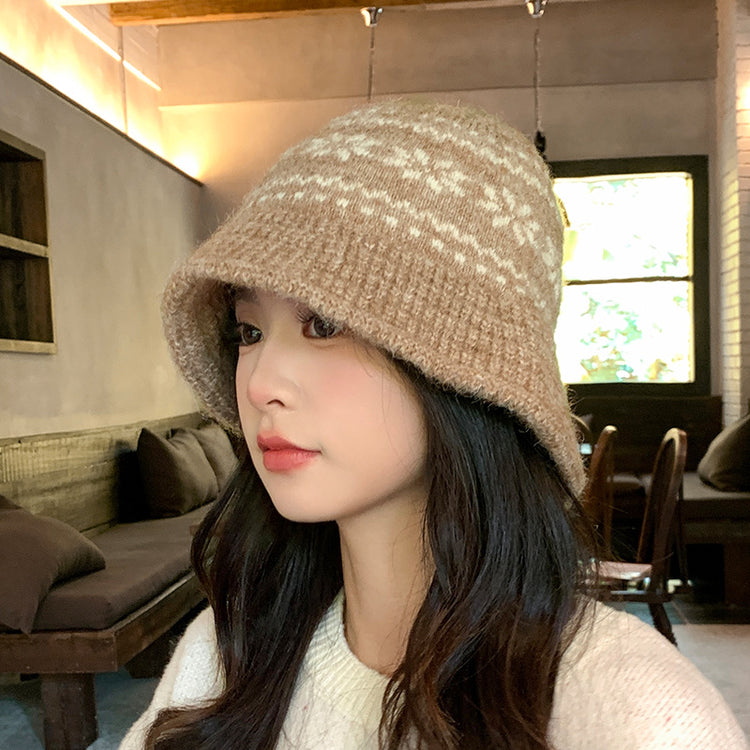 流行帽子|秋冬日系復古漁夫帽子女雪花針織盆帽加厚保暖百搭顯臉小毛線帽潮「C5644」25.09-4