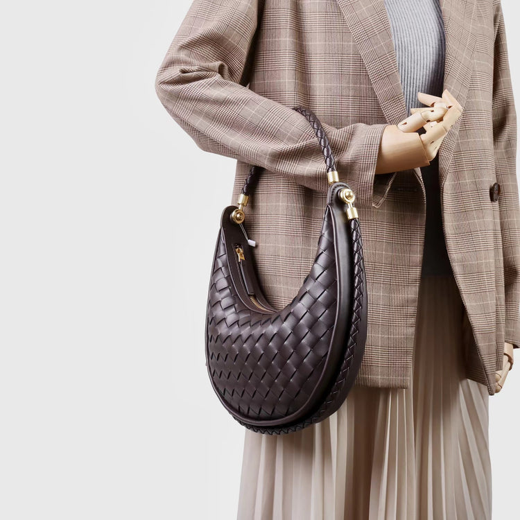 質感真皮|編織半月包Hobo腋下包2025新款百搭單肩大容量女包斜挎手提包「6032」25.02-2
