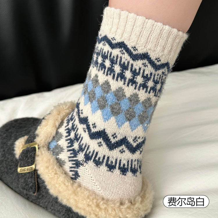女襪|襪子女士混搭刺繡藍灰色中筒襪冬季加厚保暖親膚舒適羊毛襪「HD25867」25.11-4
