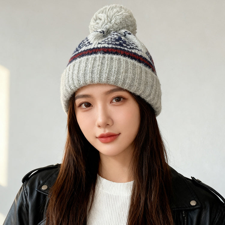 流行帽子|2025復古費爾島風毛線帽子女冬季加厚保暖針織帽日系護耳毛球冷帽「C4775AA」25.12-1