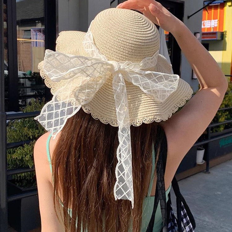 流行帽子|夏季防曬遮陽草帽子女法式波浪邊蝴蝶結海邊太陽帽大帽檐漁夫帽潮「C5272」25.05-3