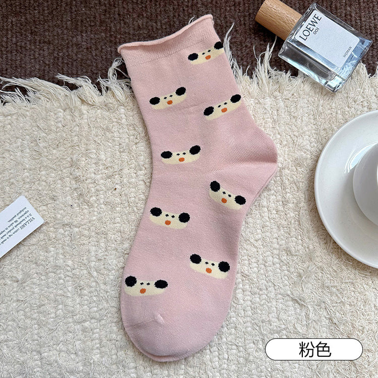 女襪|彈力卷邊襪子女可愛卡通圖案學院風中筒襪棉質吸汗透氣舒適堆堆襪「YM2454」25.08-4