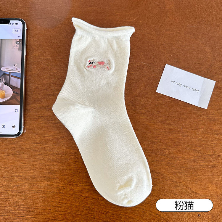女襪|白色卡通卷邊襪子女夏季薄款ins潮刺繡中筒襪棉質吸汗透氣堆堆襪「PS0119」25.04-1