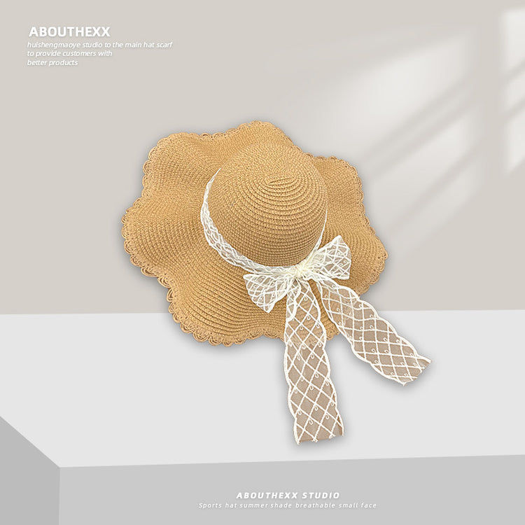 流行帽子|夏季防曬遮陽草帽子女法式波浪邊蝴蝶結海邊太陽帽大帽檐漁夫帽潮「C5272」25.05-3
