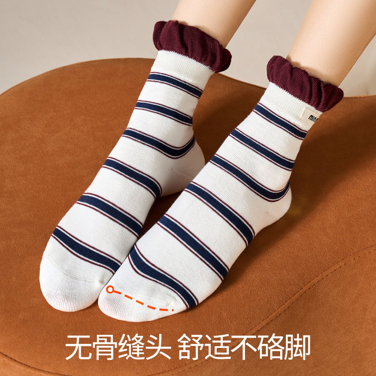 女襪|撞色條紋襪子女韓系泡泡口親膚舒適中筒襪吸汗透氣彈力無骨堆堆襪「D2543」25.10-2