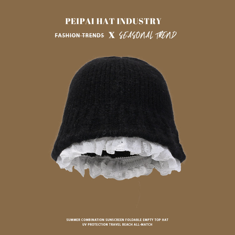 流行帽子|甜美純色白色花邊毛線帽女秋冬韓系保暖顯臉小盆帽針織毛線帽子女「C4628」24.10-3