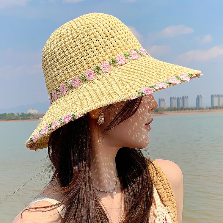 流行帽子|夏季編織草帽女海邊度假遮陽小花太陽草帽可折疊鏤空防曬漁夫帽子「C5152」25.04-1