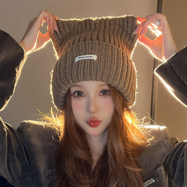 流行帽子|帽子日系可愛貓耳朵毛線帽秋冬季保暖護耳套頭帽百搭顯臉小針織帽「C4391」24.09-3