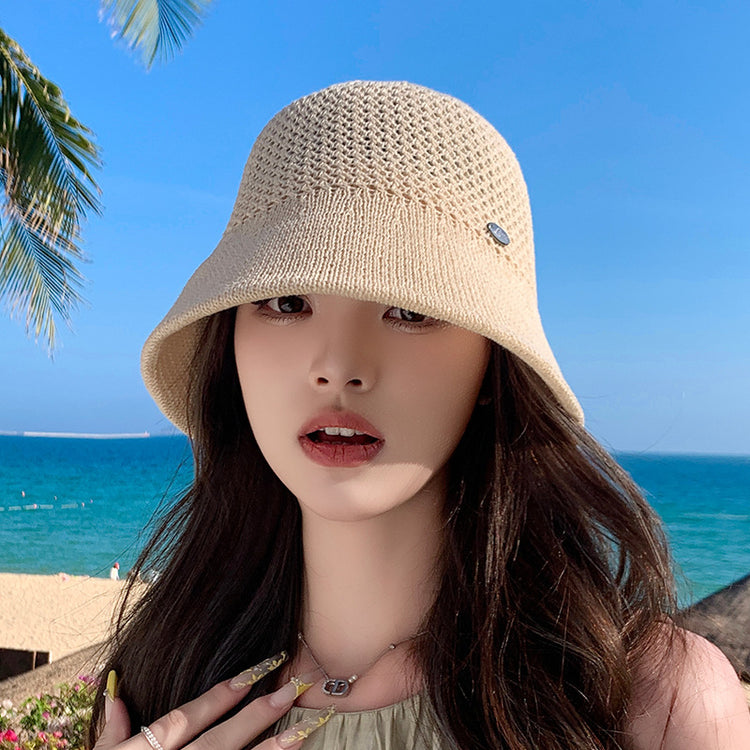 流行帽子|鏤空針織草帽女夏季時尚透氣顯臉小遮陽帽沙灘海邊素顏百搭水桶帽「C5039」25.03-1