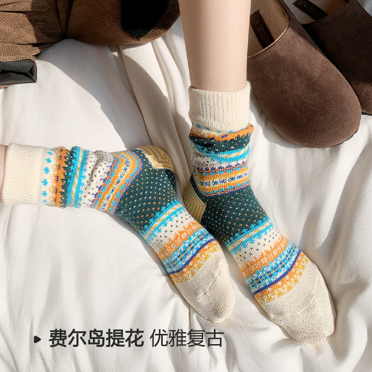 女襪|秋冬加厚襪子女復古費爾島提花ins好搭堆堆襪棉質蓄熱彈力中筒襪「AL24164」24.11-2
