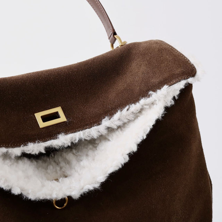 質感真皮|秋冬羊皮拼接磨砂牛皮腋下凱莉包鎖扣手提托特包通勤單肩斜挎大包「6138」24.11-4