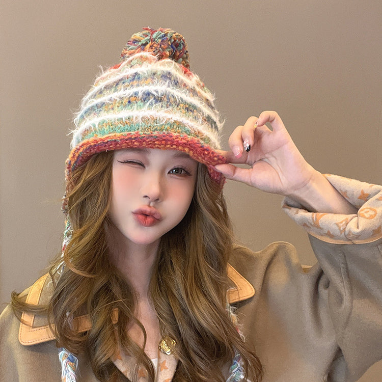 流行帽子|彩色流蘇毛球針織帽冬季可愛辮子保暖護耳帽百搭包頭帽騎行套頭帽「C4555」24.09-4
