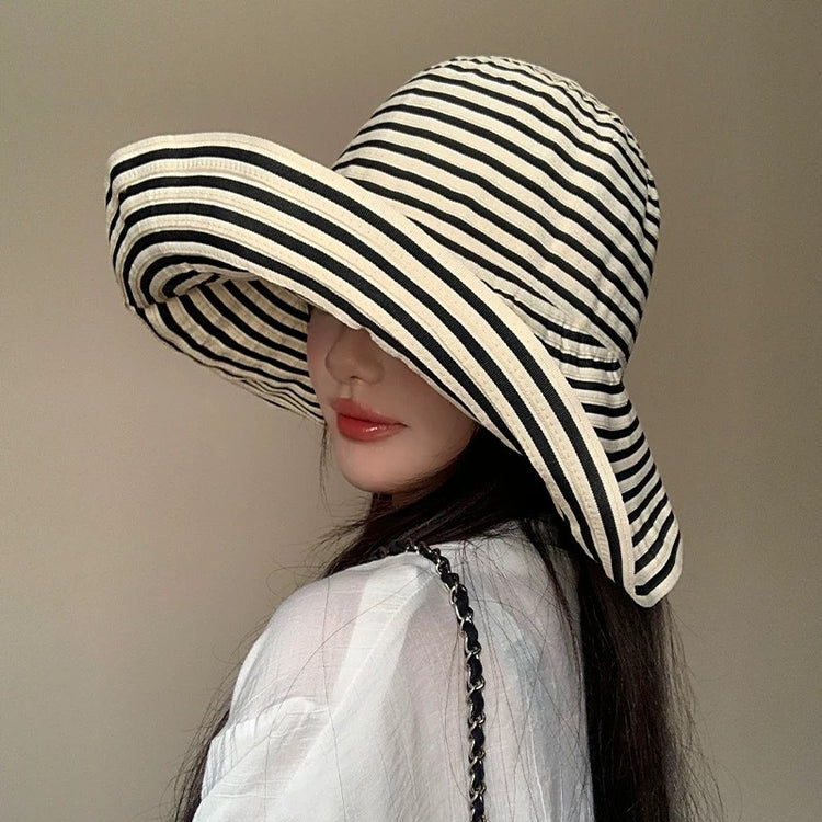 流行帽子|日系可折疊條紋漁夫帽女夏防曬帽子大帽檐戶外遮陽太陽帽防紫外線「C5235」25.04-5