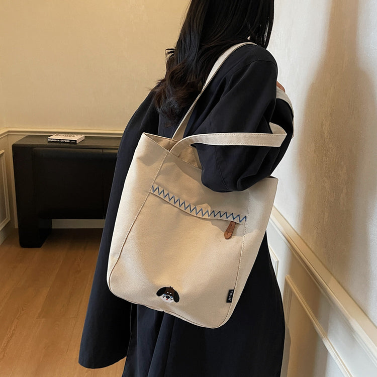 致青春|簡約手提帆布包包女2025秋冬新款百搭刺繡手拎布包學生單肩斜挎包「1805-125」25.09-5