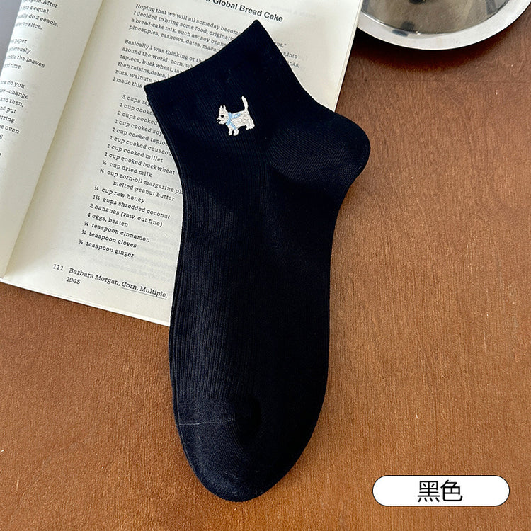 女襪|白色襪子女夏季薄款卡通刺繡小狗彈力短襪棉質吸汗透氣舒適運動襪「FKF2508」25.06-3