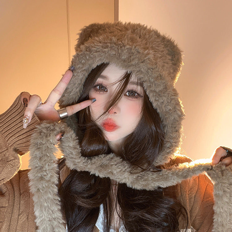 流行帽子|冬季新款可愛小熊耳朵毛絨帽子女綁帶毛線帽大頭圍護耳保暖針織帽「C4841」24.11-3