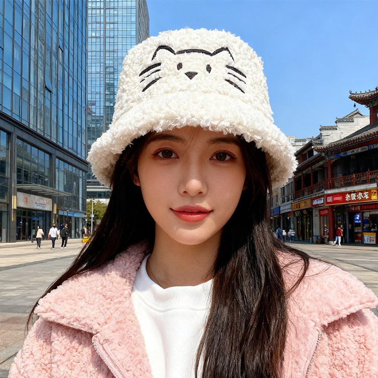 流行帽子|韓國東大門冬季新款帽子女羊羔毛小貓刺繡漁夫帽顯臉小保暖水桶帽「C5767」25.11-1