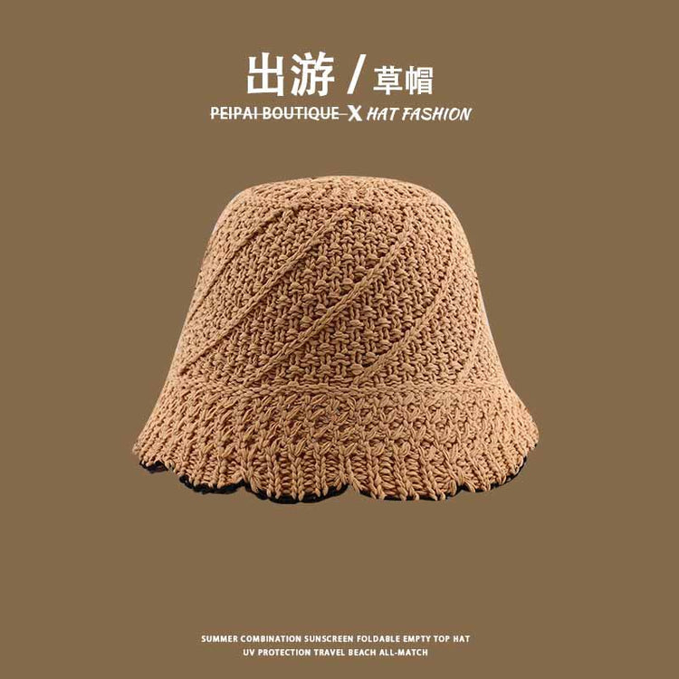 流行帽子|草帽編織女可折疊沙灘帽夏季鏤空透氣水桶帽甜美海邊遮陽帽子批發「C3748」24.03-4