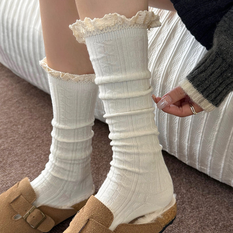 女襪|白色襪子女ins潮蕾絲花邊襪口小腿襪棉質吸汗透氣彈力無骨長筒襪「XC2365」25.09-4
