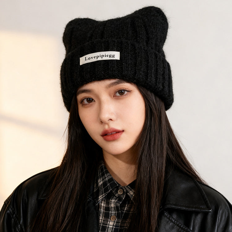流行帽子|貓耳朵帽子女秋冬韓系大頭圍可愛保暖針織帽護耳顯臉小毛線冷帽潮「C5838」25.11-3