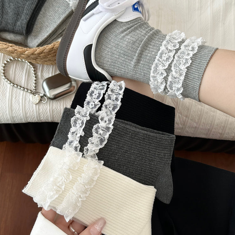 女襪|雙層蕾絲花邊襪子女竪條顯瘦彈力舒適中筒襪棉質吸汗透氣堆堆襪「XC2350」25.09-5