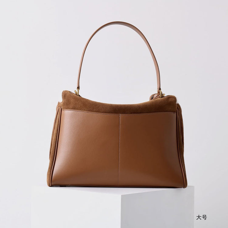 質感真皮|秋冬羊皮拼接磨砂牛皮腋下凱莉包鎖扣手提托特包通勤單肩斜挎大包「6138」24.11-4