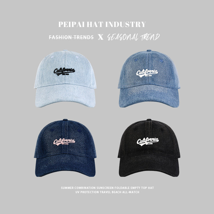 流行帽子|帽子鴨舌帽女顯臉小百搭膠印水洗牛仔遮陽帽休閒時尚騎行棒球帽男「C4403」24.09-1