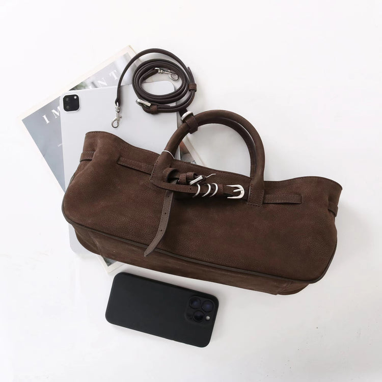 質感真皮|2025新款復古休閒麂皮包通勤百搭極簡皮帶扣設計斜背女小眾托特包「5797」25.09-4