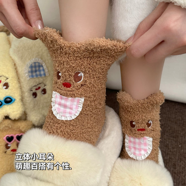 女襪|立體小熊襪子女秋冬保暖加厚可愛卡通睡眠襪親膚舒適居家地板襪「WN2532」25.12-1