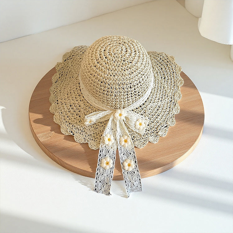流行帽子|日系小清新帽子女花朵蕾絲蝴蝶結大檐草帽海邊度假新款遮陽防曬帽「C5325」25.06-3