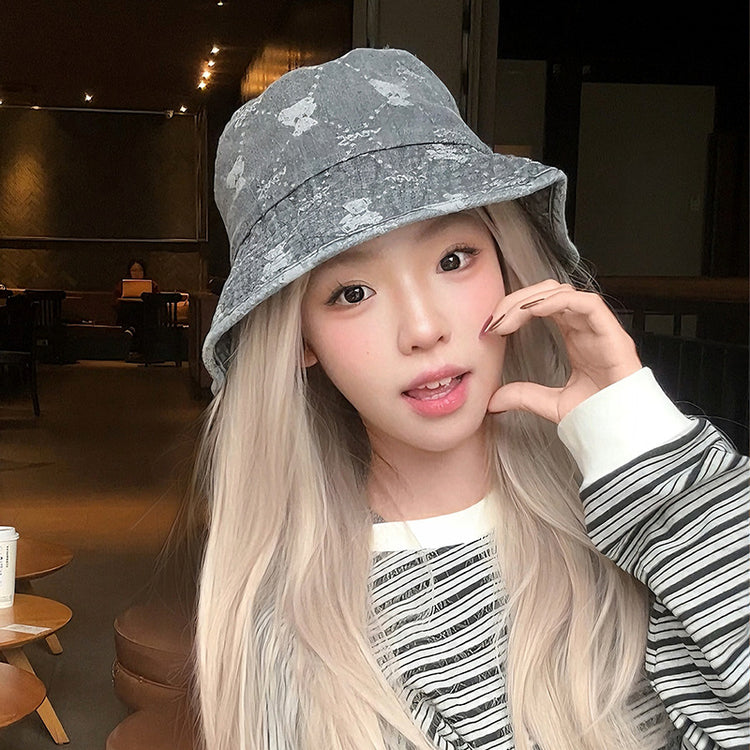 流行帽子|復古水洗牛仔漁夫帽女春夏百搭顯臉小戶外遮陽帽小熊可愛水桶盆帽「C4981」25.02-3