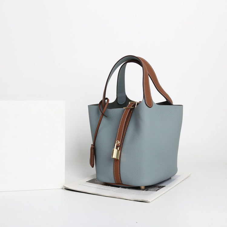 質感真皮|togo頭層牛皮拼接菜籃2024年新款時尚軟牛皮水桶包手提手拎包「226#」24.10-3