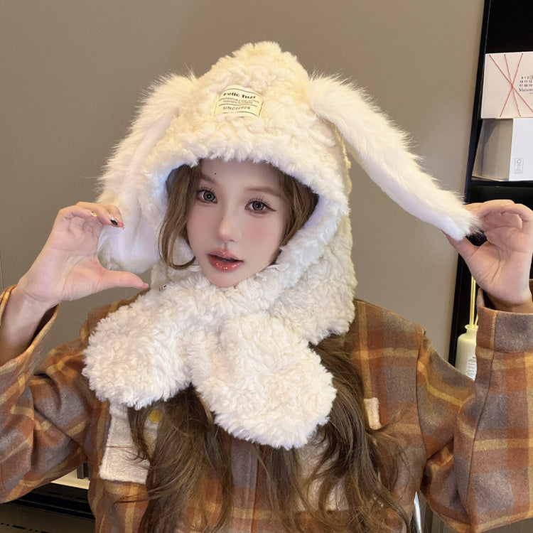 流行帽子|可愛兔耳朵帽子圍巾一體女冬季韓版顯臉小加絨加厚毛絨護耳「C4526」24.12-4