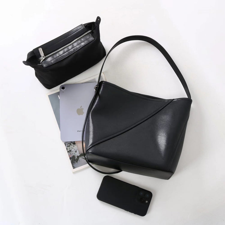 質感真皮|2025新款大容量牛皮拼接質感通勤子母包時尚百搭單肩腋下水桶包女「7056」25.09-3