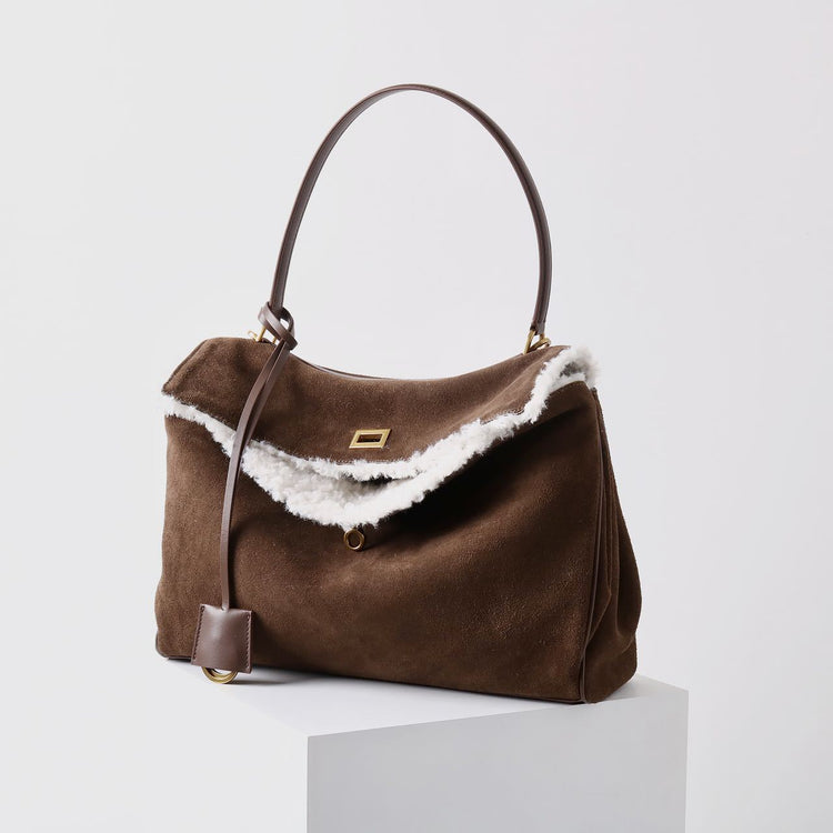 質感真皮|秋冬羊皮拼接磨砂牛皮腋下凱莉包鎖扣手提托特包通勤單肩斜挎大包「6138」24.11-4