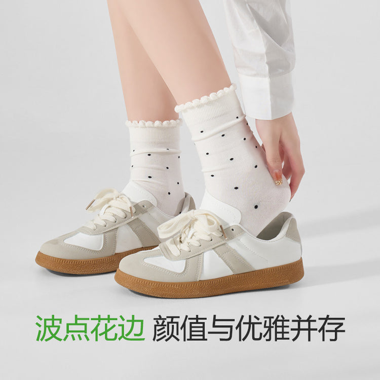 女襪|灰色堆堆襪子女撞色波點彈性花邊羅口中筒襪棉質吸汗透氣休閒襪「YS25803」25.02-2