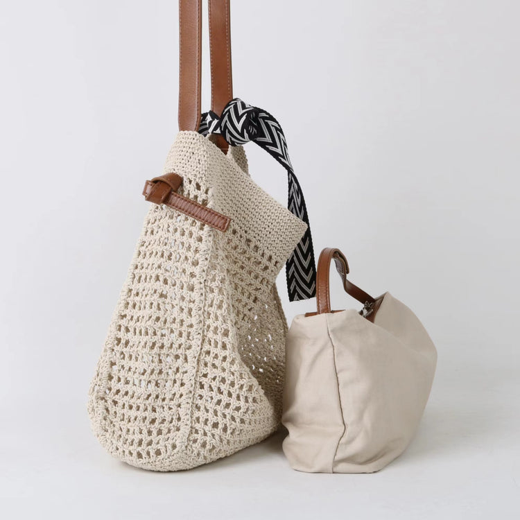 質感真皮|2025新款蠟繩編織托特大容量斜背包頭層牛皮沙灘度假通勤包ins女「3853」25.04-5