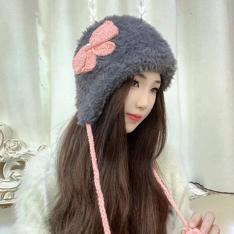 流行帽子|巴拉克拉法帽冬天保暖針織帽可愛蝴蝶結甜美百搭護耳帽學生毛絨帽「C4567」24.12-2
