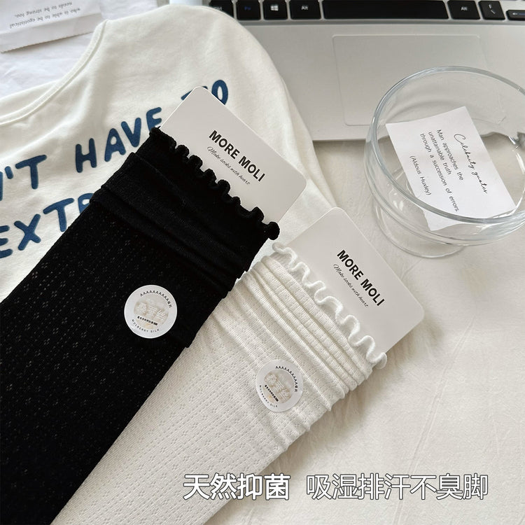 女襪|涼感桑蠶絲襪子女夏季薄款網眼透氣堆堆襪抑菌防臭彈力無骨中筒襪「ZJ25017」25.06-1