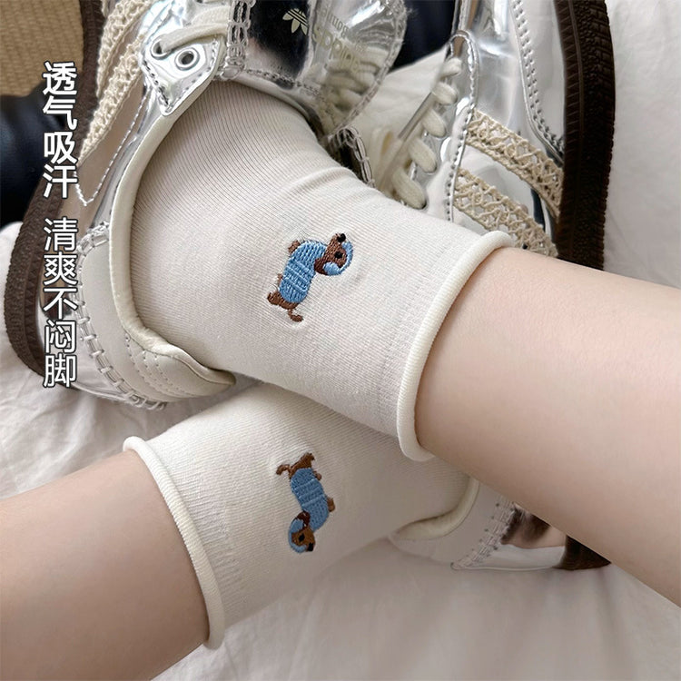 女襪|白色卡通卷邊襪子女夏季薄款ins潮刺繡中筒襪棉質吸汗透氣堆堆襪「PS0119」25.04-1