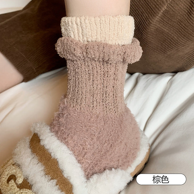 女襪|珊瑚絨襪子女秋冬季美拉德彈力保暖中筒襪加絨加厚居家睡眠地板襪「AD2415」24.11-2