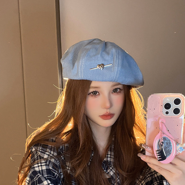 流行帽子|愛心復古牛仔貝雷帽女士休閒復古文藝畫家帽時尚百搭顯臉小畫家帽「C4291」24.08-4