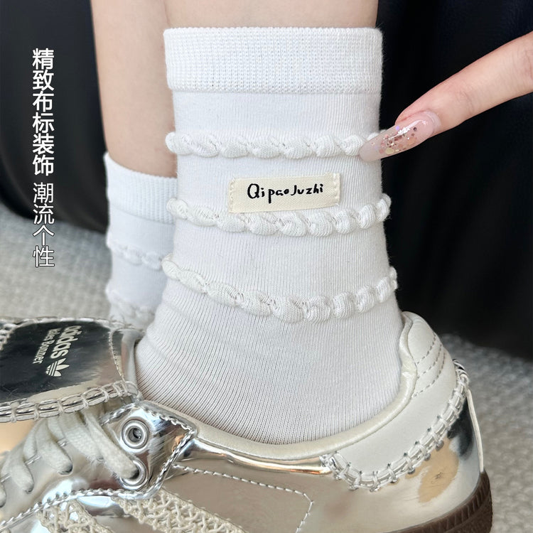 女襪|花邊蛋糕襪口襪子女棉質吸汗透氣彈力無骨中筒襪親膚舒適堆堆襪「QP2533」25.09-1