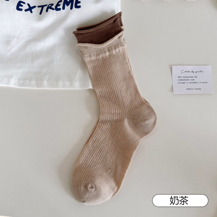 女襪|拼色雙羅口襪子女棉質親膚吸汗透氣中筒襪彈力無骨潮流簡約堆堆襪「MK5084」25.06-1