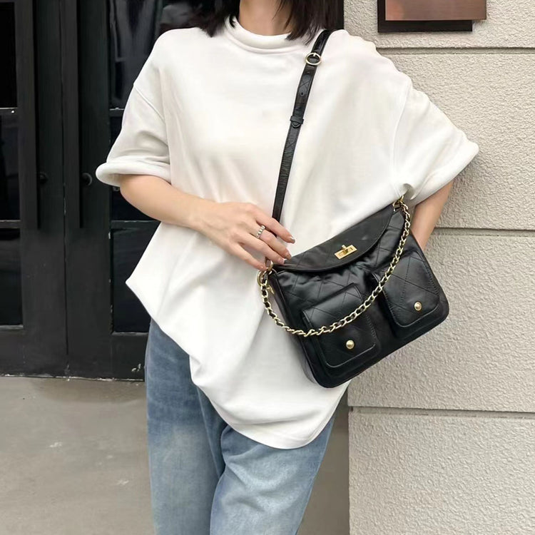 質感真皮|小香風菱格鏈條包頭層牛皮hobo鏈條腋下包郵差包口袋機車時尚百搭「3622」24.08-4