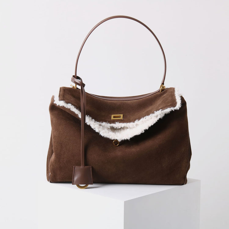 質感真皮|秋冬羊皮拼接磨砂牛皮腋下凱莉包鎖扣手提托特包通勤單肩斜挎大包「6138」24.11-4