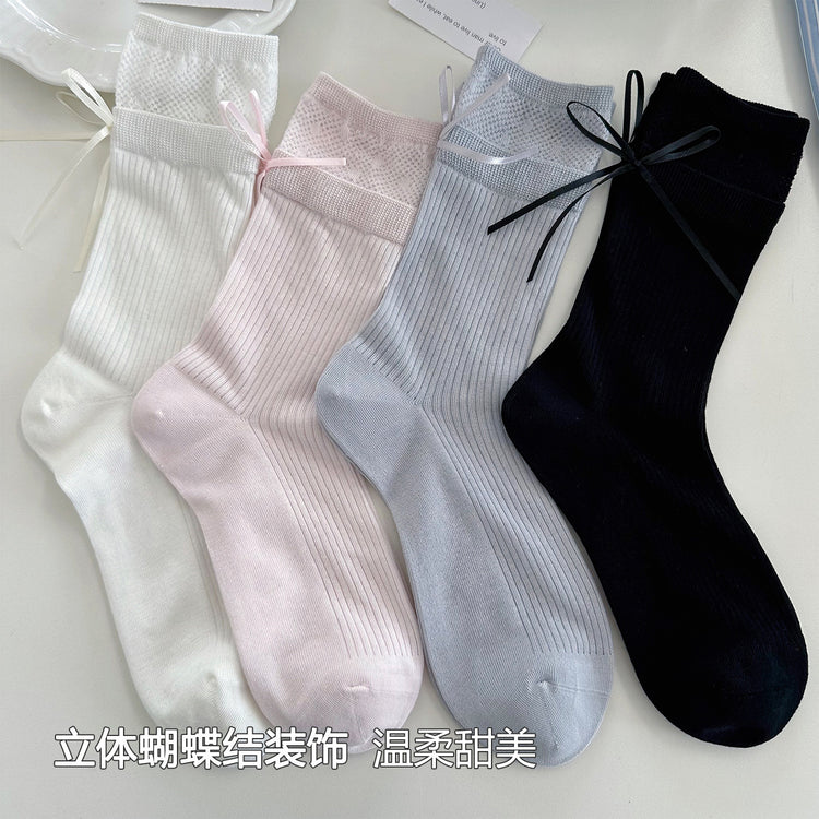 女襪|miu系蝴蝶結襪子女棉質吸汗網眼透氣堆堆襪親膚舒適彈力襪子「SX1042」25.08-1