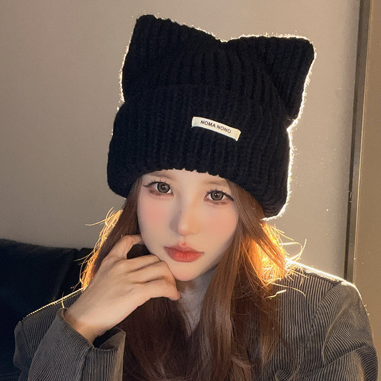 流行帽子|帽子日系可愛貓耳朵毛線帽秋冬季保暖護耳套頭帽百搭顯臉小針織帽「C4391」24.09-3